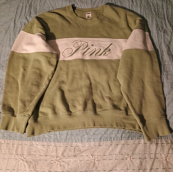 PINK Victoria's Secret Green and White Crewneck Sweater - Picture 1 of 4
